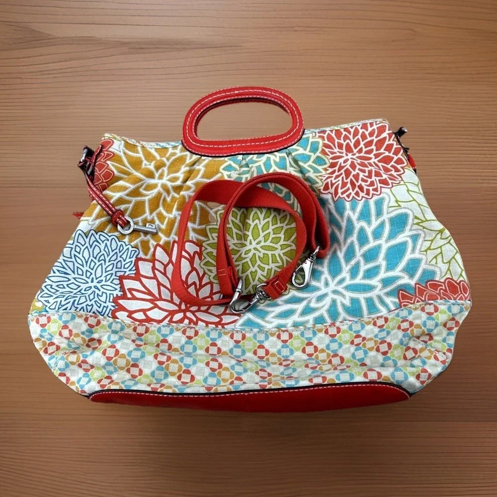 Womens Retro Floral Canvas Satchel Multicolor‎ Red Leather Trim Fossil Key-Per